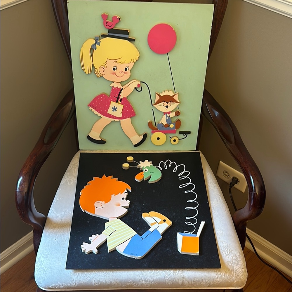 1962 The Dolly Toy Company wooden children’s room decor set, boy, girl, cat